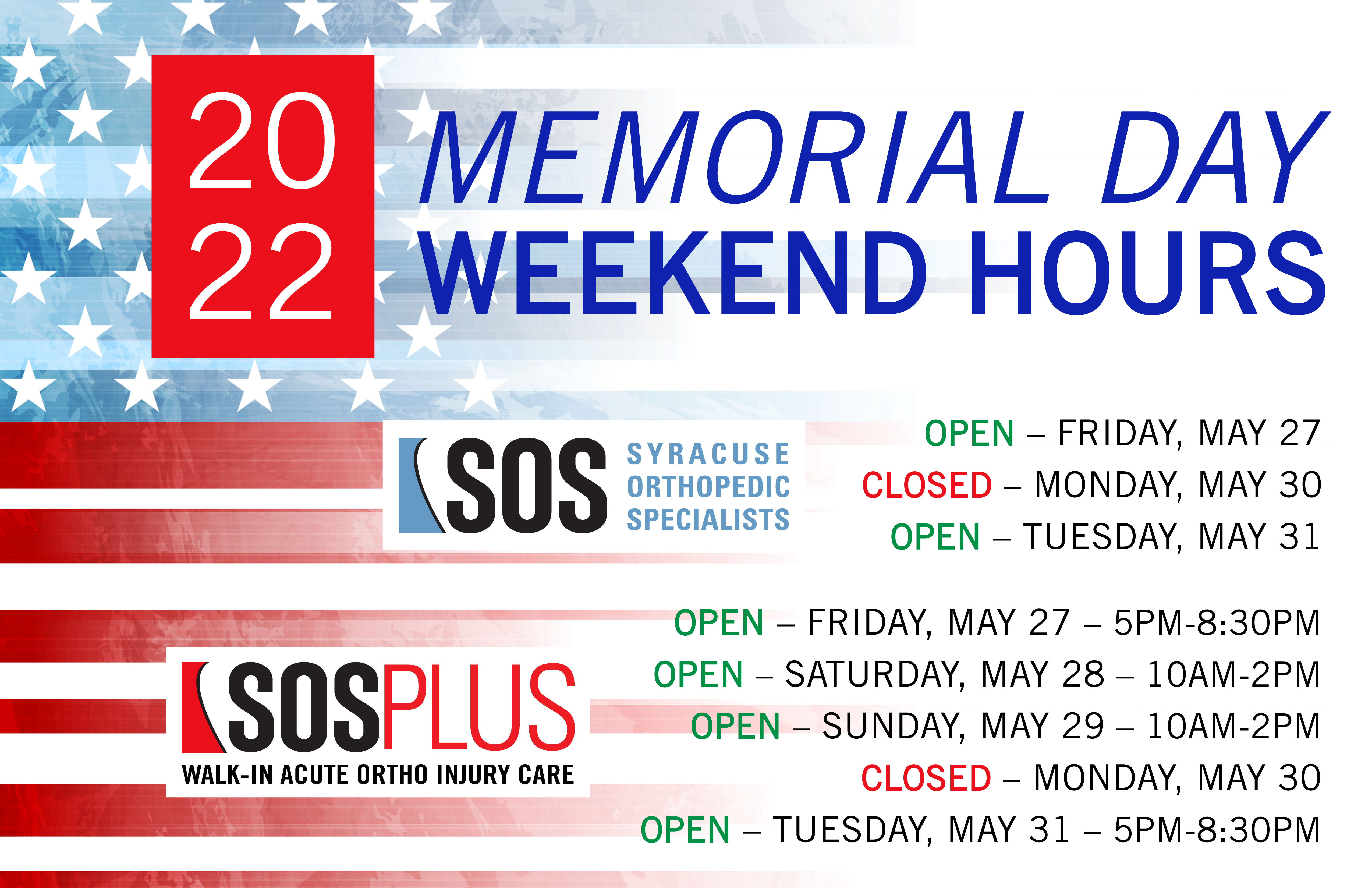 2022 SOS and SOS PLUS Memorial Day Weekend Hours