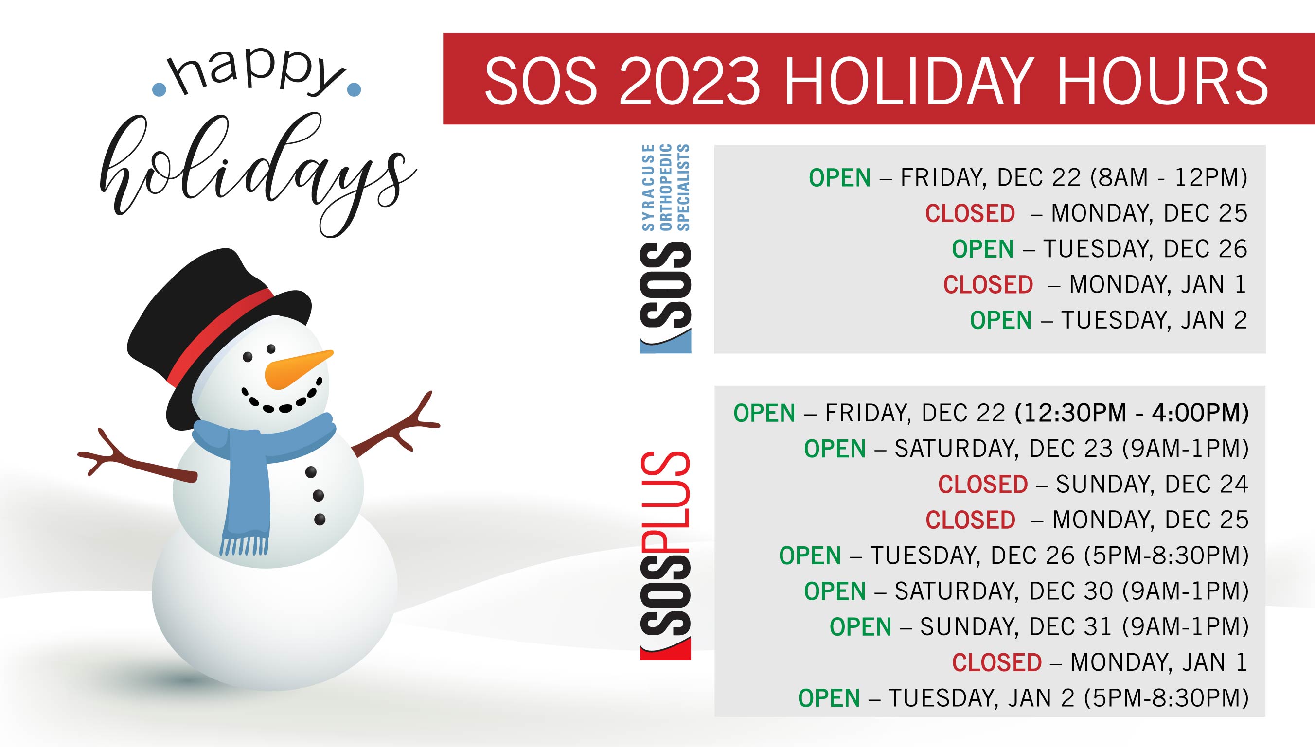 2023 SOS and SOS PLUS Holiday Hours