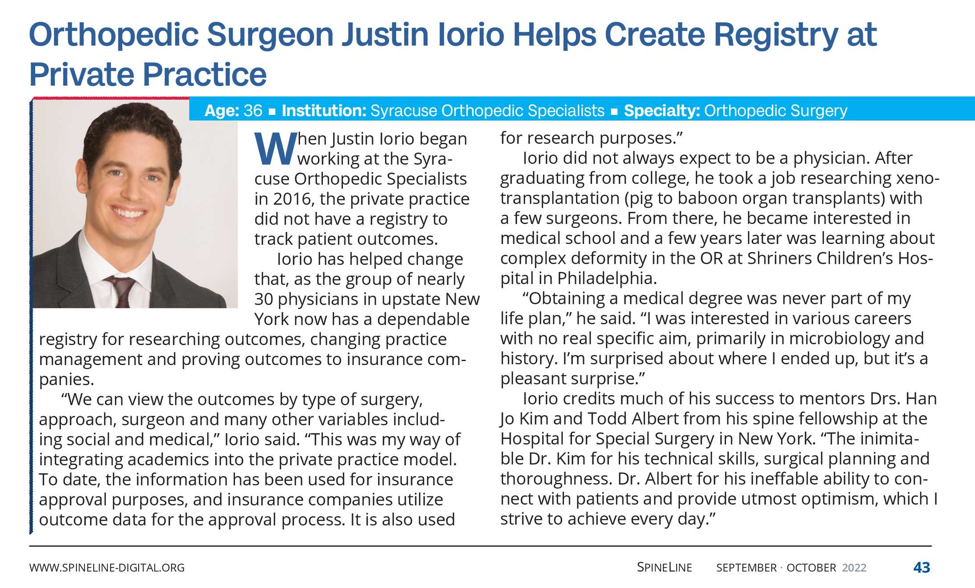 Justin Iorio Named to 2022 Spineline 20 Under 40 Class Article